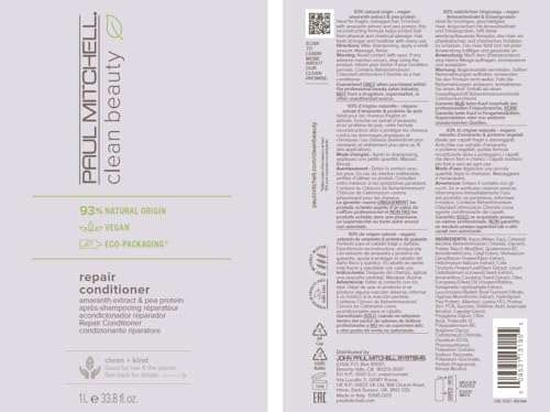 Paul Mitchell Clean Beauty Repair Conditioner, Strengthens, Balances Moisture, For Damaged, Brittle Hair, 33.8 fl. oz.