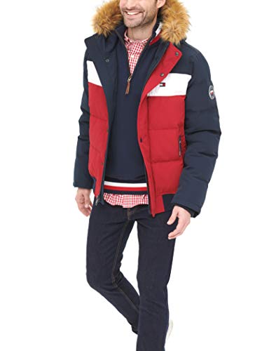 Tommy Hilfiger Men's Arctic Cloth Quilted Snorkel Bomber Jacket, Navy/White/Red, Medium