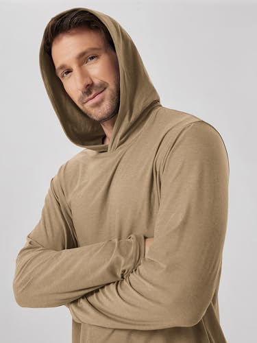 ODODOS Men's Long Sleeve Hoodie - odSTRATUM Tech Performance Pullover - Ultra Soft Moisture Wicking UPF 50+ Top, Khaki Heather, Large