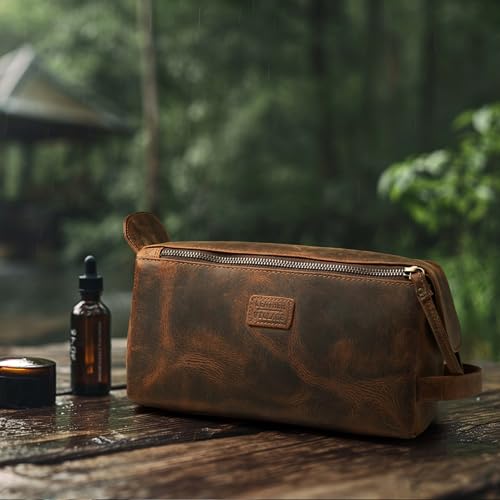 LEATHER VILLAGE Genuine Leather Toiletry Travel Bag For Men & Women, Brown
