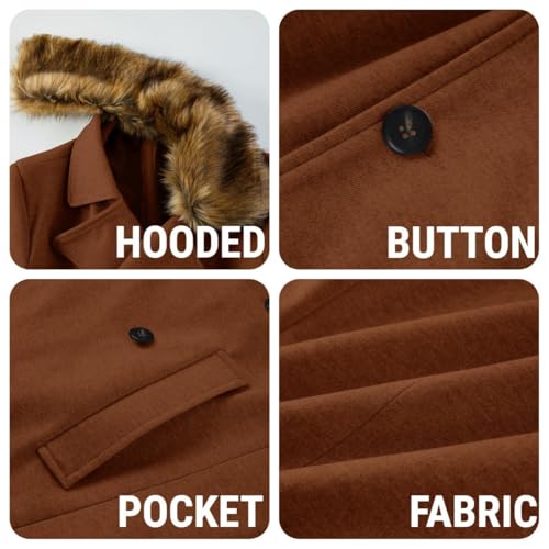 PASLTER Mens Winter Trench Overcoat Removable Faux Fur Collar Top Coat Double Breasted Business Long Pea Coat Brown