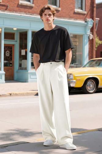 Heyfanee Mens Casual Dress Pants Loose Fit Wrinkle Free Chino Pants for Men Relaxed Fit Slacks White 34