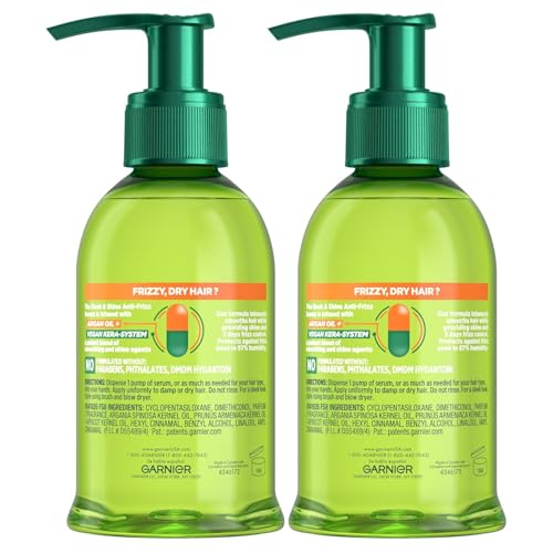 Garnier Fructis Sleek & Shine Anti-Frizz Hair Serum for Frizzy, Dry Hair, Leave-In Argan Oil Infused Formula with Up to 72HRs of Frizz Control, Smooths Flyaways & Boosts Hair Shine, 5.1 Fl Oz (2 Pack)