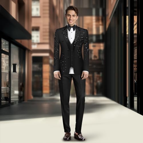 Luxury Men's 2 Piece Suit Slim Fit Solid 2 Button Beads Crystal Party Wedding Tuxedo Suits Blazer Jacket Pants Set Black