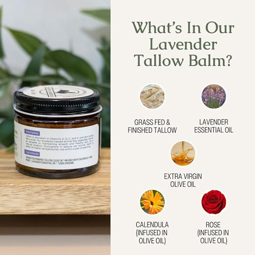 Hearth & Homestead Whipped Beef Tallow for Skin & Face, 100% Grass Fed, Eczema Cream & Body Butter, Organic Olive Oil, Calendula & Rose, Lotion & Hand Moisturizer for Dry Skin, Lavender, 1.3oz