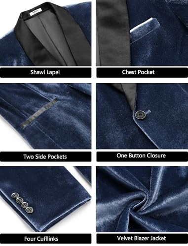 COOFANDY Men Velvet Blazer Slim Fit Suit Jacket Luxury Shawl Lapel Tuxedo Jackets One Button Casual Suit Sport Coat Navy Blue