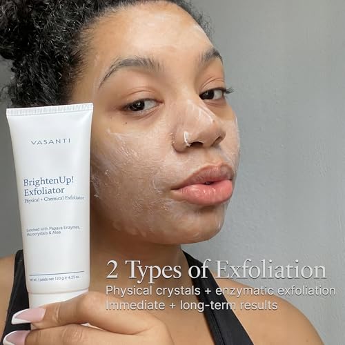 VASANTI BrightenUp! Exfoliator (120g) | Physical + Chemical Facial Exfoliator Scrub with Instant Results for Soft, Smooth and Radiant Skin | Enriched with Papaya, Microcrystals and Aloe | 99% Natural
