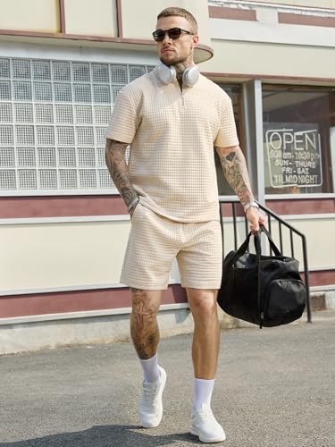 JEMLDL Men's Short Sets 2 Piece Polo Shirt Summer Outfits Casual Fashion Jogging Track Suits Short Sleeve Travel Sweatsuit Light Khaki Large