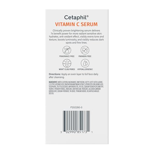 Cetaphil Vitamin C Serum for Dark Spots, Niacinamide, Fragrance Free, 1 Fl Oz