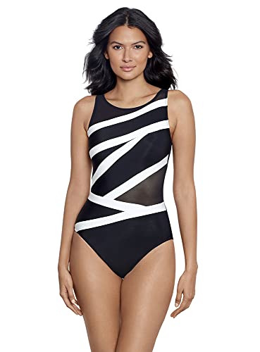 Miraclesuit Women's Swimwear Spectra Somerpointe Shelf Bra One Piece Swimsuit, Black/White, 10
