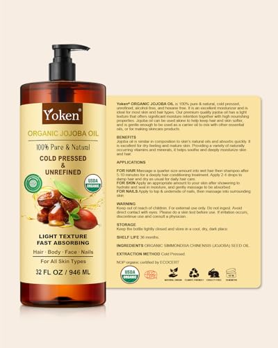 Yoken 32 fl oz (EWG Verified) 100% Pure Jojoba Carrier Oil - Unrefined, Hexane-Free, Cold Pressed for Skin, Face, Hair, Nails, and Massage