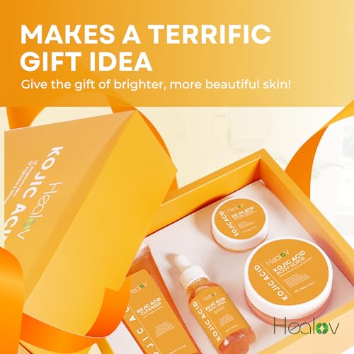 Kojic Acid Skincare Set – Kojic Soap Cleanser, Exfoliating Body Scrub, Face Cream & Brightening Facial Serum – Skin Brightening Hyperpigmentation Treatment, Dark Spot Corrector – with Turmeric Papaya