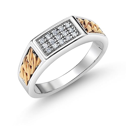 Gem Stone King Men's 925 Sterling Silver and 10K Yellow Gold White Lab Grown Diamond Ring For Men | 0.12 Cttw | 6.5MM Width | Available In Size 7, 8, 9, 10, 11, 12, 13
