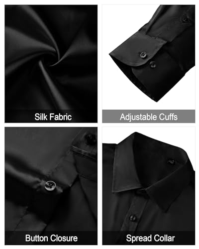 J.VER Men's Luxury Long Sleeve Dress Shirt Shiny Silk Like Satin Regular fit Shirts for Wedding Party Prom Shirt Black Medium