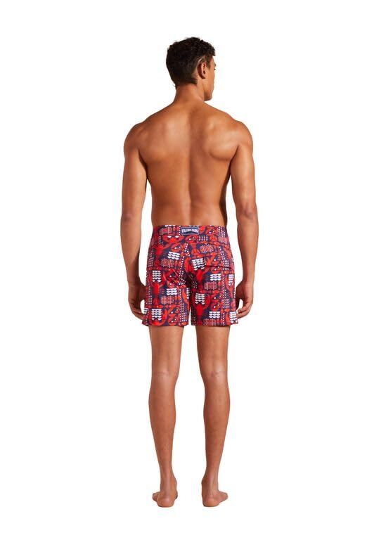 Vilebrequin Men Stretch Flat Belt Swim Trunks Graphic Lobsters, L, Navy Blue