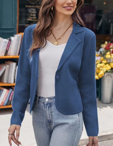 GRACE KARIN Women Sweater Blazer Button Slim Fit Business Casual Knit Crop Blazer Jacket Blue L