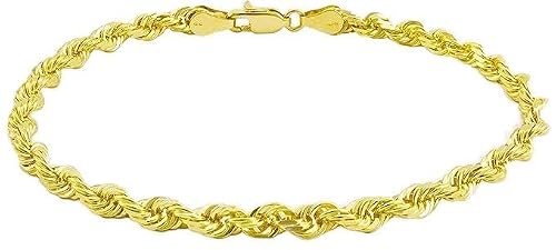 Galaxy Gold GG, 10K Solid Gold Diamond Cut Rope Chain Bracelet, 3mm - 7.5 Inch (7-9" Available), Fine Jewelry