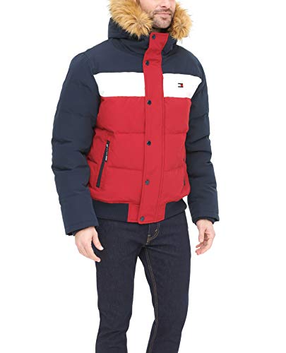 Tommy Hilfiger Men's Arctic Cloth Quilted Snorkel Bomber Jacket, Navy/White/Red, Medium