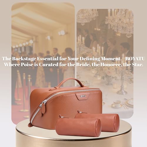 BOYATU Genuine Leather Travel Makeup Bag: Hand-made 3 Pcs Set Cosmetic Bags