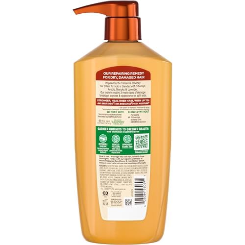 Garnier Whole Blends Honey Treasures Repairing Shampoo, Hair Repair Formula for Dry, Damaged Hair with Acacia, Manuka, and Lavender Honeys, 28 Fl Oz (Packaging May Vary)