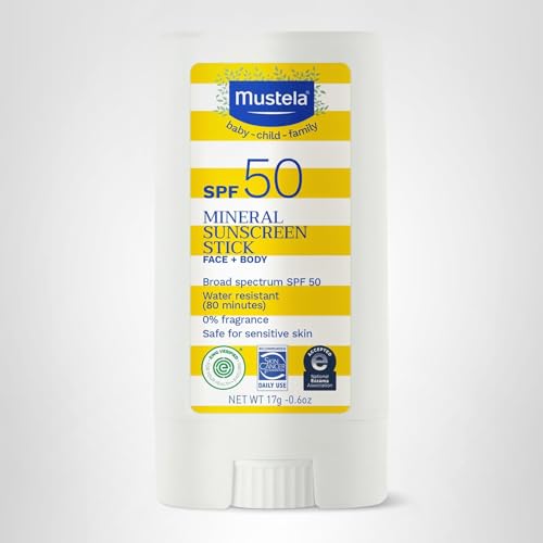 Mustela Baby Mineral Sunscreen Stick SPF 50 Broad Spectrum - Face & Body Sun Stick with 70% Organic Ingredients - Ultra Sheer, Water Resistant & Fragrance-Free - 0.6 oz.