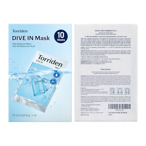 Torriden DIVE IN Hyaluronic Acid Facial Mask (10 sheets) | Deep Hydration Korean Face Sheet Mask | Panthenol & Allantoin | Korean Skincare Mask