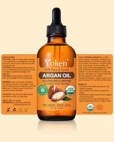 Yoken USDA Argan Oil 4oz, Cold Pressed Oil with Dropper for Hair Scalp Face