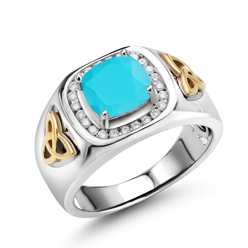 Gem Stone King 2.26 Cttw Green Turquoise and Lab Grown Diamond Men's Ring | 925 Silver and 10K Yellow Gold | Cushion Cut 8MM | Gemstone Birthstone | Available in Size 7, 8, 9, 10, 11, 12, 13 | Size 11
