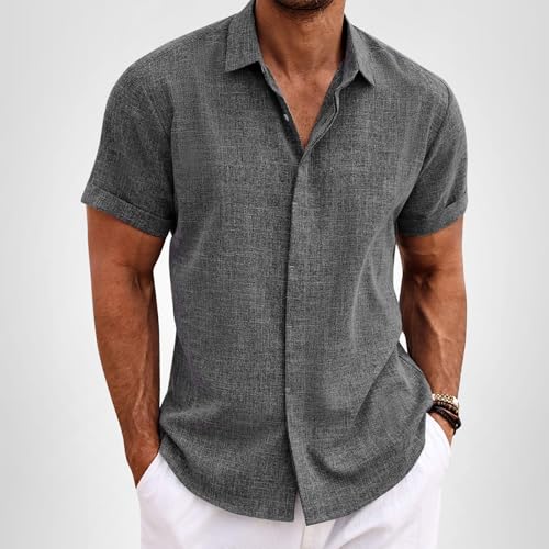 COOFANDY Men's Linen Shirts Short Sleeve Casual Shirts Button Down Shirt for Men Beach Summer Wedding Shirt Dark Grey
