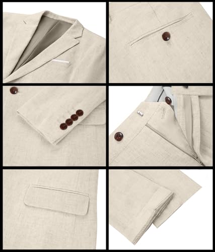 Mens 3 Piece Suits Linen Classic Fit Beige Tuxedo Suit for Wedding Lightweight Formal Business Blazer Jacket and Pants M