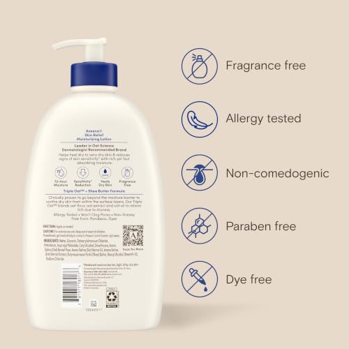 Aveeno Skin Relief Moisturizing Body Lotion Heals Very Dry, Sensitive Skin, Fast-Absorbing Lotion with Soothing Triple Oat & Shea Butter Formula, Fragrance Free Lotion, Non-Comedogenic, 33 Fl Oz