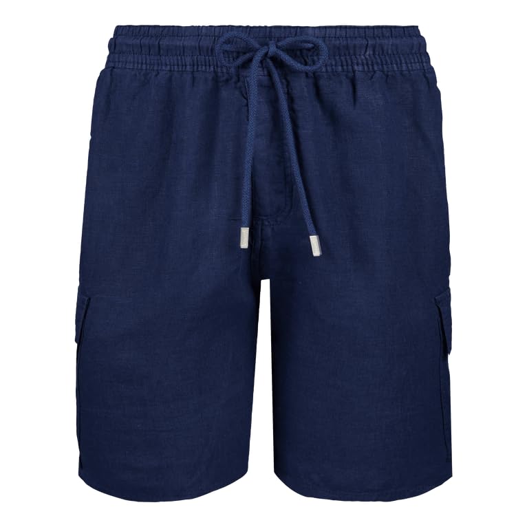 Vilebrequin Men Linen Bermuda Shorts Cargo Pockets, 5XL, Navy Blue