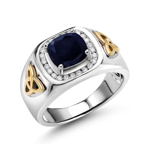Gem Stone King Two-Tone Cushion Cut Ring for Men, Blue Sapphire, 11