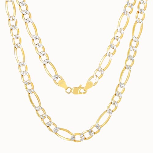 Nuragold 14k Real Yellow Gold Figaro Link Pave Diamond Cut Chain Necklace - 28",5.5mm
