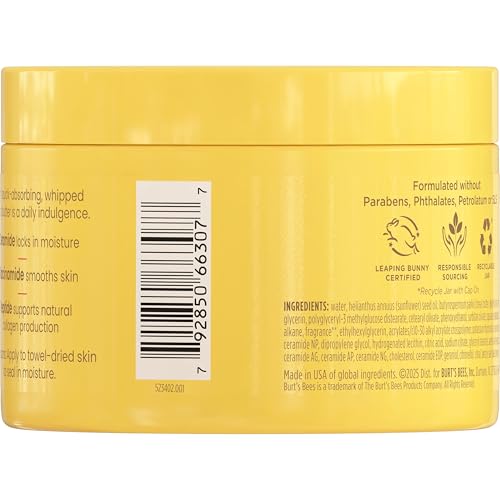 Burt's Bees Boosted Body Whipped Butter With a Ceramide, Niacinamide and Peptide Complex, Quick-Absorbing Body Butter Helps Support Skin Barrier, Tropical Scented, 6.5 oz. Jar