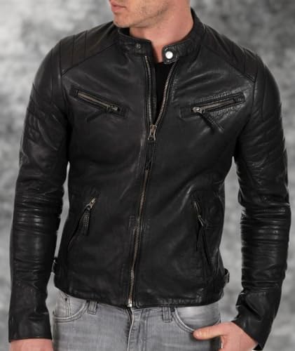 DECIMAL Men's Black & BROWN Genuine Lambskin Leather Biker Jacket VINTAGE REAL MOTORCYCLE JACKETS FOR MEN (S, BLACK)
