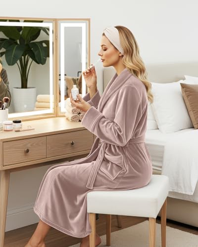 NY Threads Premium Womens Robe, Plush Fleece Long Bath Robe for Women, Fluffy Soft Women's Bathrobe, Medium, Taupe