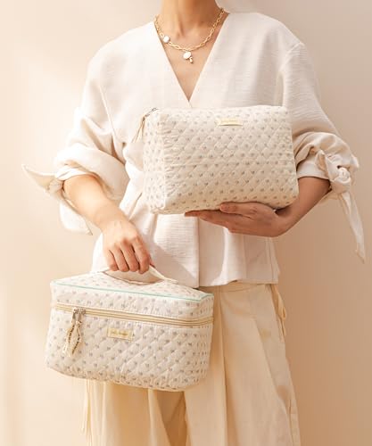 HBselect Quilted Makeup Bag, 3Pcs Cotton Large Travel Makeup Bags Organizer