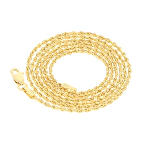 Nuragold 14K Real Yellow Gold Solid Rope Chain Diamond Cut Necklace - 16",1.5mm