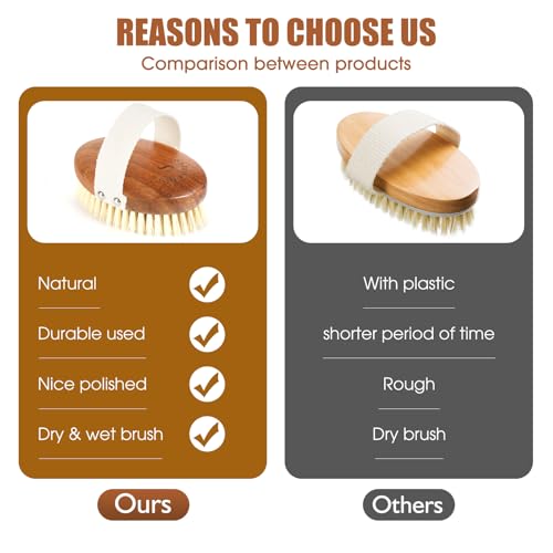 SAMEBUTECOBody Brush Solid Acacia Wood Boar Long Bristles Bath Brush for Skin Exfoliation,Lymphatic Drainage Improvement Oval Shape Dry Brush Comfort to Hold Works
