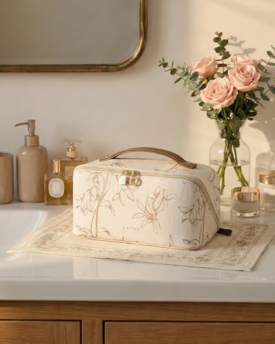EACHY Travel Makeup Bag, Floral Cosmetic Bag for Women, Beige, Medium