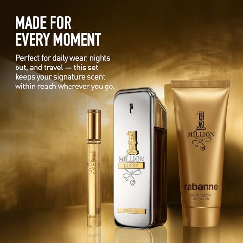 Rabanne 1 Million Lucky Gift Set for Men - Discover Long Lasting Woody Aromatic Eau de Toilette Fragrance + Shower Gel & Travel Cologne Spray - Father's Day, 3 Piece