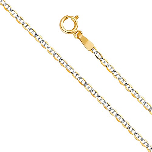 14k REAL Two Tone Gold Solid 2.5mm Flat Mariner White Pave Chain Bracelet with Lobster Claw Clasp - 7"
