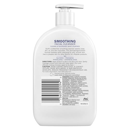 Olay Face Wash Daily Facial Cleanser with Retinol, Peptides and Glycerin, Smoothing and Hydrating Anti Aging Face Wash, Sulfate Free Cream Cleanser for Mature Skin, Daily Use, 16 Oz