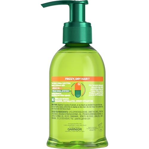 Garnier Fructis Sleek & Shine Anti-Frizz Hair Serum for Frizzy, Dry Hair, Leave-In Argan Oil Infused Formula with Up to 72HRs of Frizz Control, Smooths Flyaways & Boosts Hair Shine, 5.1 Fl Oz