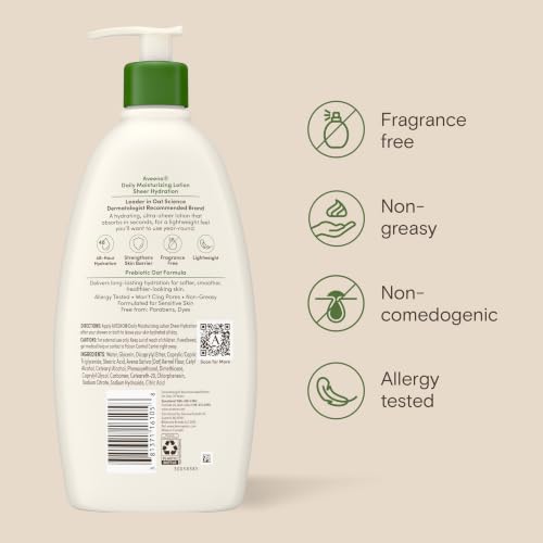 Aveeno Daily Moisturizing Sheer Hydration Fragrance-Free Lotion with Prebiotic Oat for Dry Skin, Lightweight, Non-Greasy and Fast-Absorbing Body Lotion Nourishes Skin with 48-Hour Moisture, 18 Fl Oz