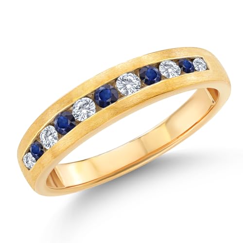 Gem Stone King Men's 10K Yellow Gold White Lab Grown Diamond and Blue Sapphire Satin Finish Wedding Band Ring For Men | 0.63 Cttw | Size 13