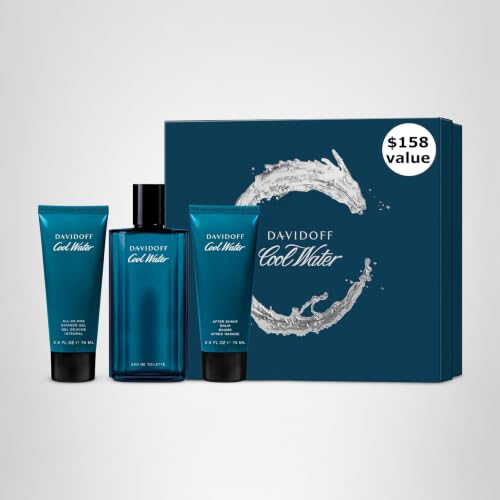 Davidoff Cool Water Eau de Toilette for Men 3-Piece Set ($158 value) – 4.2 oz EDT, 2.5 oz Shower Gel, 2.5oz After Shave Balm– With Notes of Coriander, Mint, Lavender & Amber – Long-Lasting Fragrance