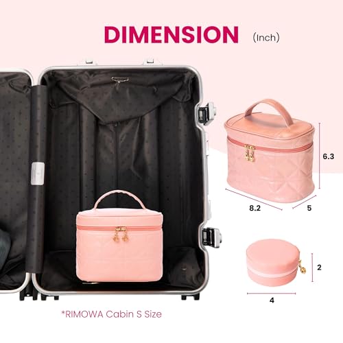 NESTORO Makeup Bag with Jewelry Case Set, Pink Quilted PU Leather with Handle, Gold Zipper