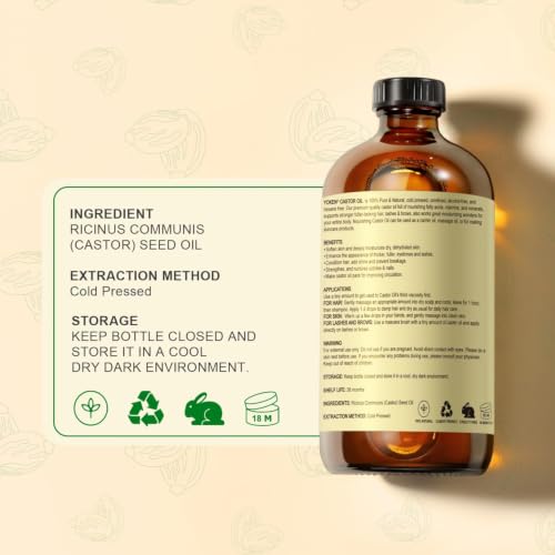 Yoken EWG Organic Castor Oil 16oz Cold Pressed Hexane Free for Hair Skin